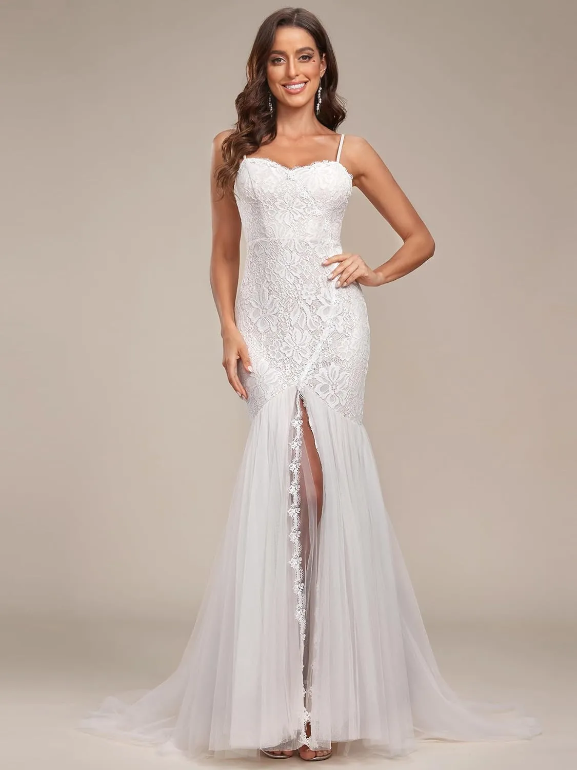 Ever-Pretty Women Spaghetti Straps Long Lace Applique Bodycon Side Slit Mermaid Wedding Dress 90355