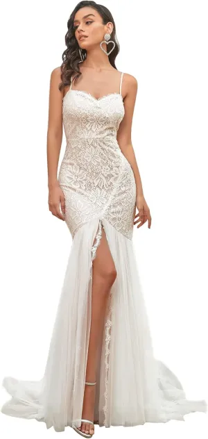 Ever-Pretty Women Spaghetti Straps Long Lace Applique Bodycon Side Slit Mermaid Wedding Dress 90355