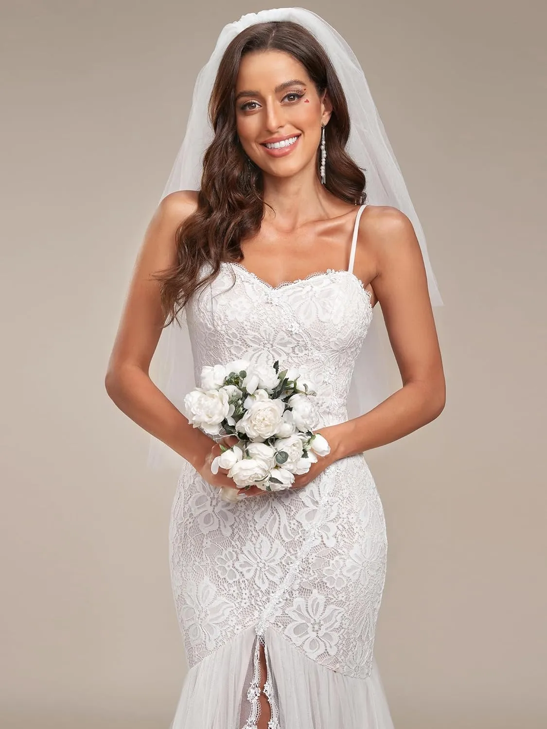 Ever-Pretty Women Spaghetti Straps Long Lace Applique Bodycon Side Slit Mermaid Wedding Dress 90355