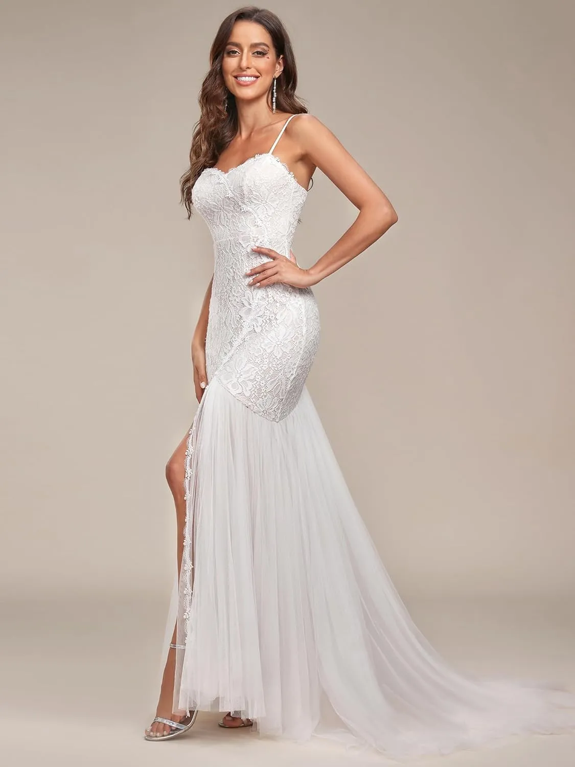 Ever-Pretty Women Spaghetti Straps Long Lace Applique Bodycon Side Slit Mermaid Wedding Dress 90355