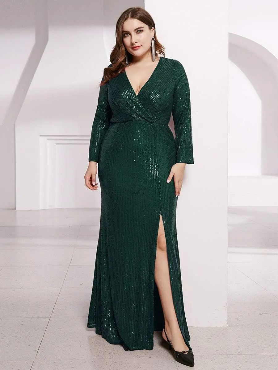 Ever-Pretty Women's Plus Size Long Sleeve Slit Sequin Maxi Evening Dresses 0824-PZUSA