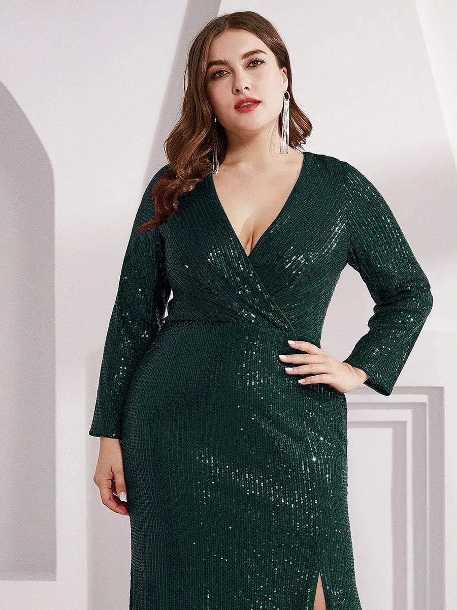 Ever-Pretty Women's Plus Size Long Sleeve Slit Sequin Maxi Evening Dresses 0824-PZUSA