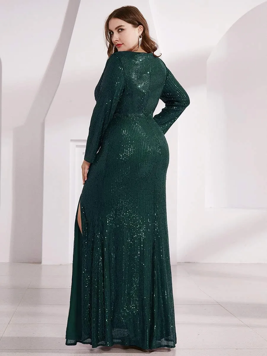 Ever-Pretty Women's Plus Size Long Sleeve Slit Sequin Maxi Evening Dresses 0824-PZUSA
