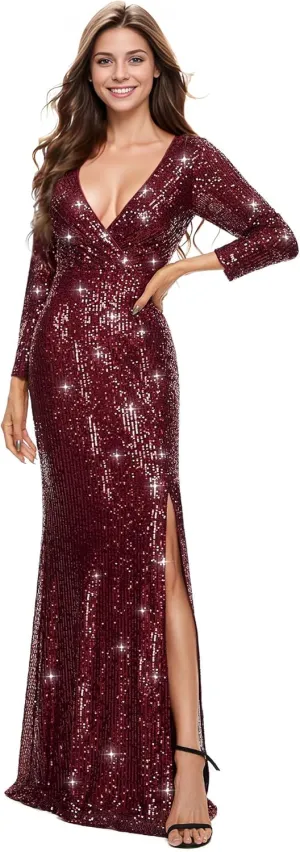 Ever-Pretty Womens Sequin Evening Dress Long Sleeves Side Split Floor-Length Formal Gowns 00824
