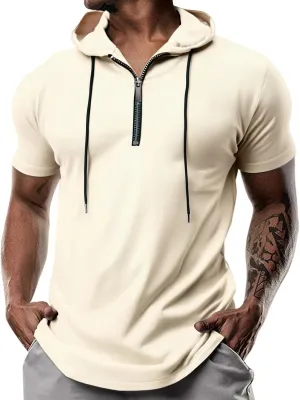 evzosrz Hoodies Mens Quarter Zipper Short Sleeve Hooded T-Shirts Drawstring Lightweight V Neck Pullover Summer Athletic Shirt
