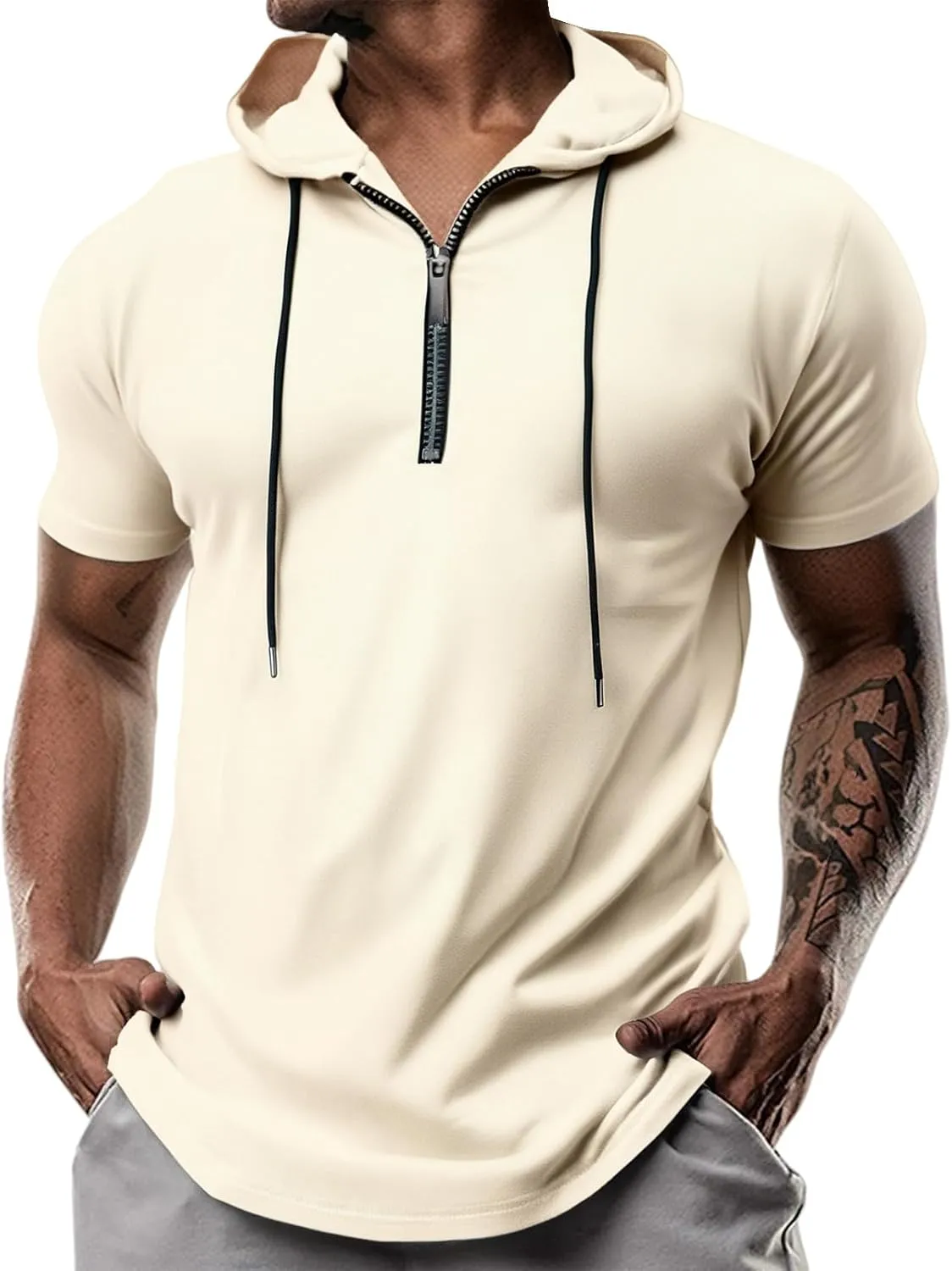 evzosrz Hoodies Mens Quarter Zipper Short Sleeve Hooded T-Shirts Drawstring Lightweight V Neck Pullover Summer Athletic Shirt
