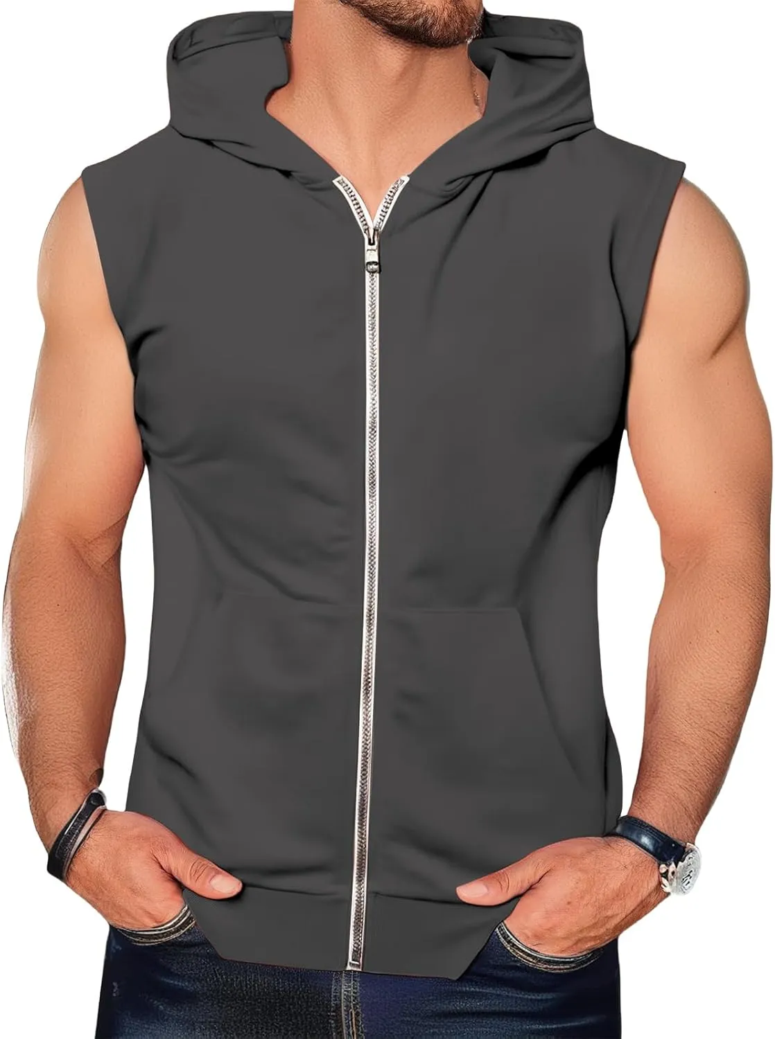 evzosrz Mens Workout Hoodies Full Zip Hooded Tank Tops Fashion Sleeveless Bodybuilding Fitness Muscle Tees Shirt with Pocket