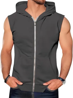 evzosrz Mens Workout Hoodies Full Zip Hooded Tank Tops Fashion Sleeveless Bodybuilding Fitness Muscle Tees Shirt with Pocket