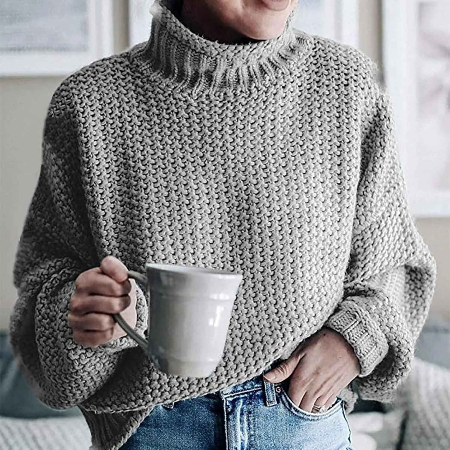 Fall Sweaters for Women,Trendy Fall Turtleneck High Neck Outfits Balloon Long Sleeve Pullover Outerwear Tunic Tops