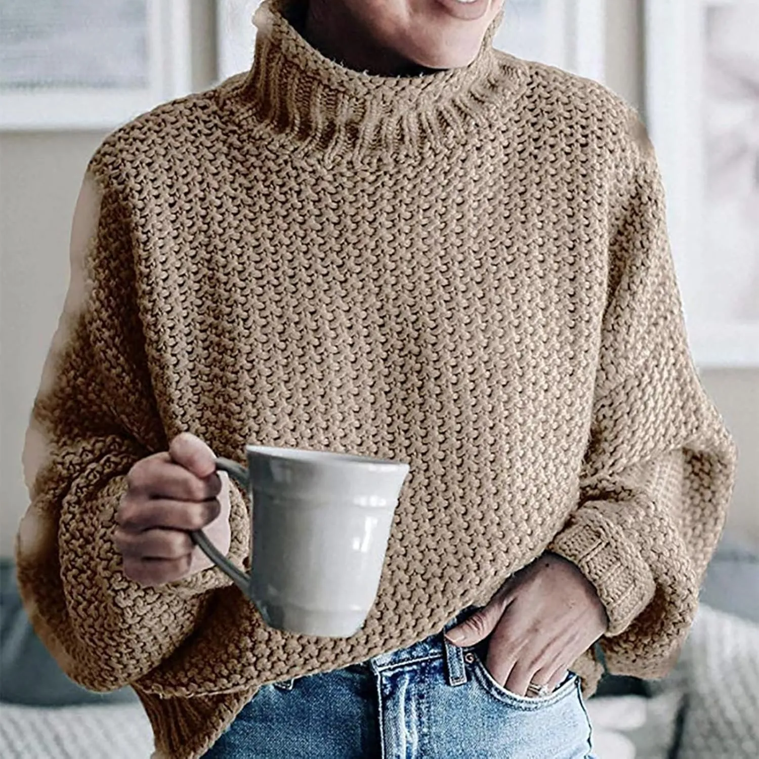 Fall Sweaters for Women,Trendy Fall Turtleneck High Neck Outfits Balloon Long Sleeve Pullover Outerwear Tunic Tops