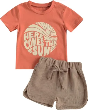 fhutpw Baby Boys 2Pcs Summer Outfits Short Sleeve T-Shirt Tops Elastic Waistband Shorts Set Toddler Clothes