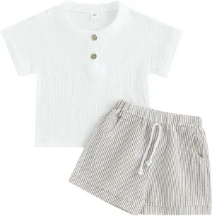 fhutpw Baby Boys 2Pcs Summer Outfits Short Sleeve T-Shirt Tops Elastic Waistband Shorts Set Toddler Clothes