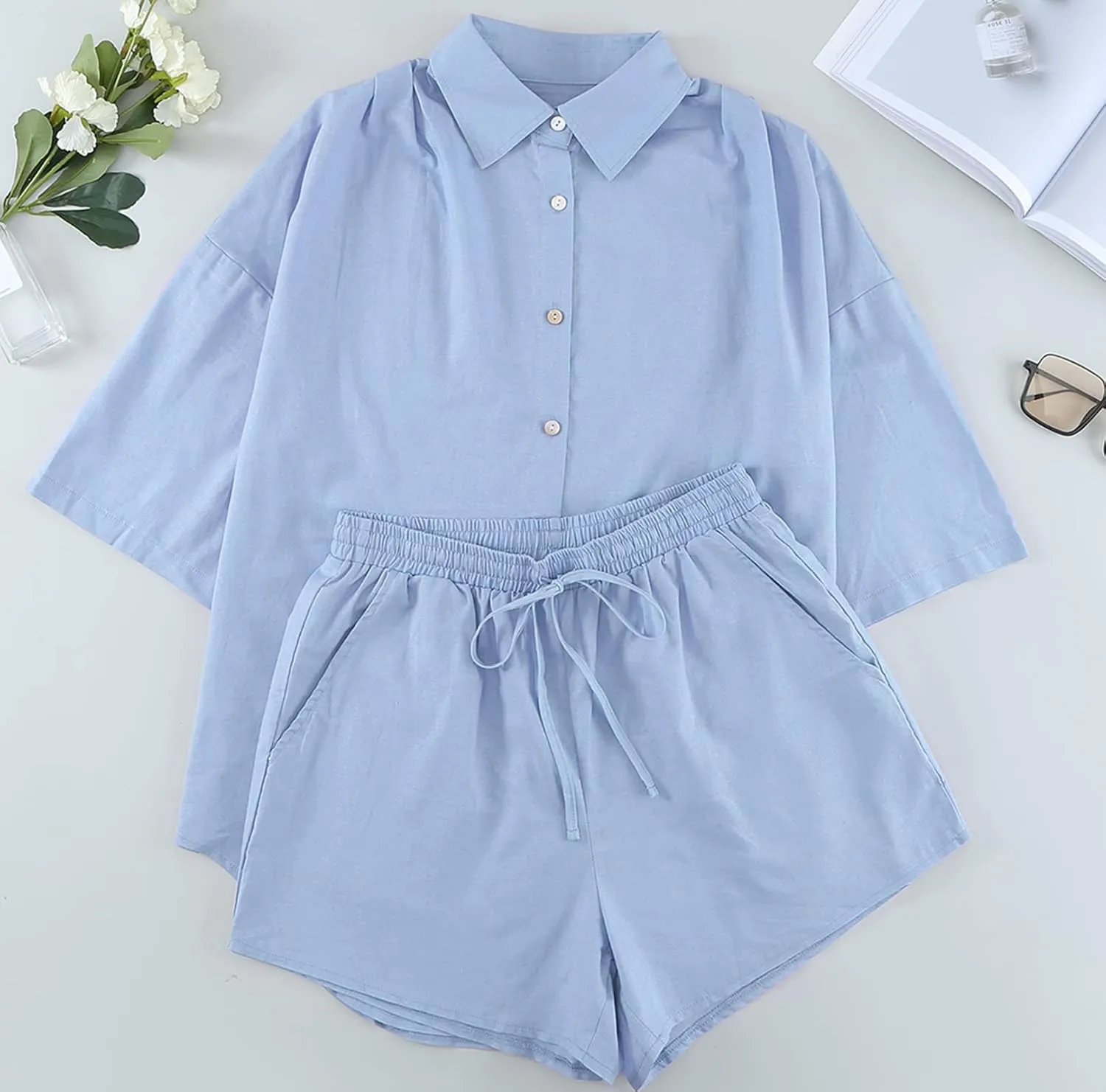 Fixmatti Women 2 Piece Outfit Summer Short Sleeve Top and Shorts Sweatsuit Set