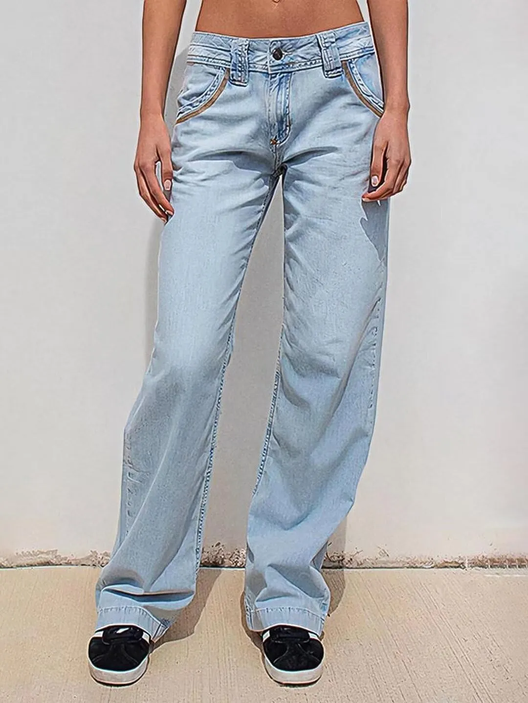 Flamingals Low Waisted Straight Leg Cargo Jeans for Women Stretch Casual Stitch Detail Denim Jeans