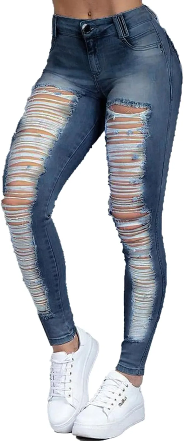 Flamingals Mid Rise Skinny Jeans for Women Trendy Stretchy Ripped Butt Lifting Jeans Distressed Sexy Denim Jeggings