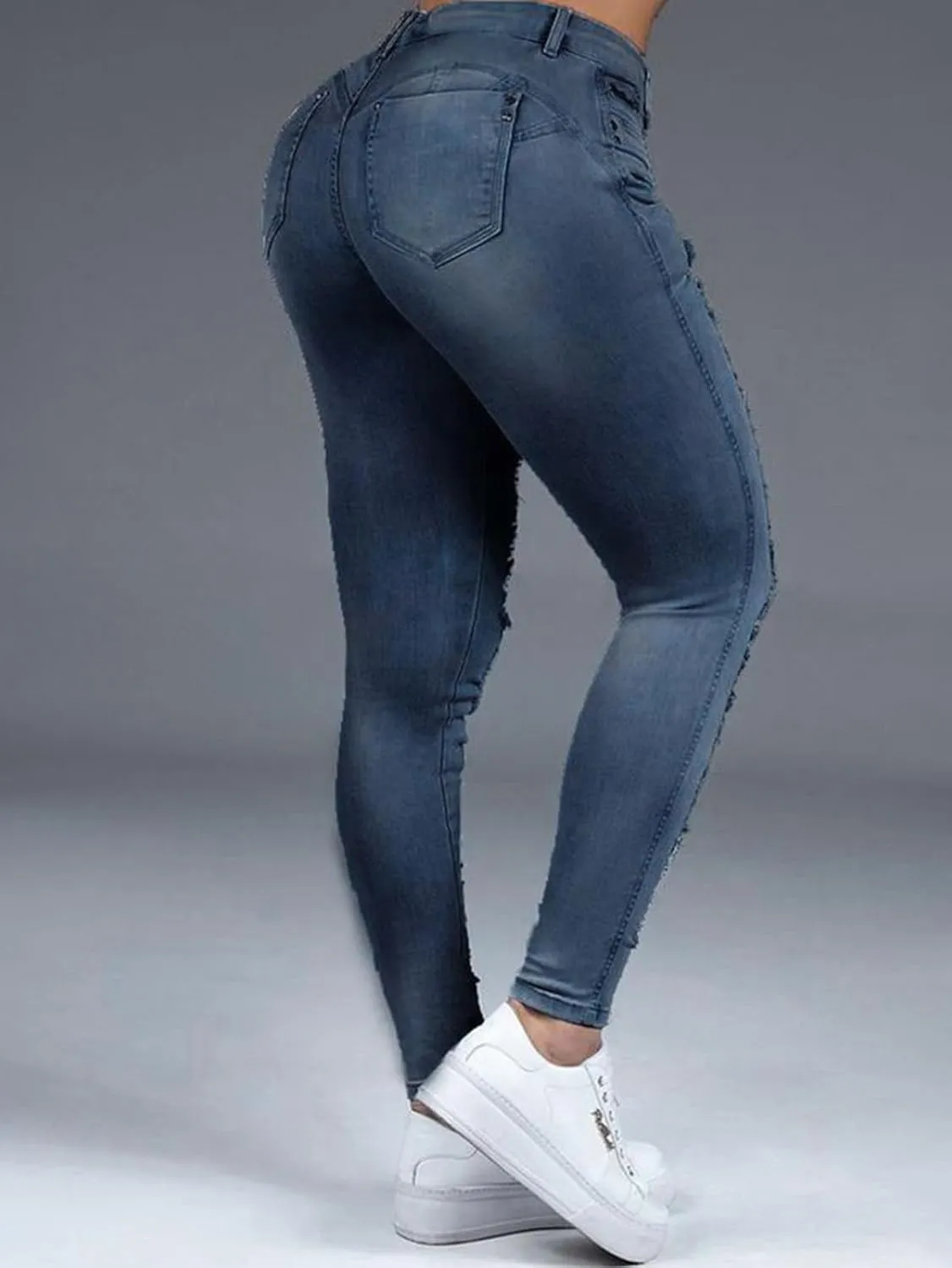 Flamingals Mid Rise Skinny Jeans for Women Trendy Stretchy Ripped Butt Lifting Jeans Distressed Sexy Denim Jeggings