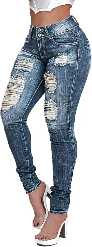 Flamingals Mid Rise Skinny Jeans for Women Trendy Stretchy Ripped Butt Lifting Jeans Distressed Sexy Denim Jeggings