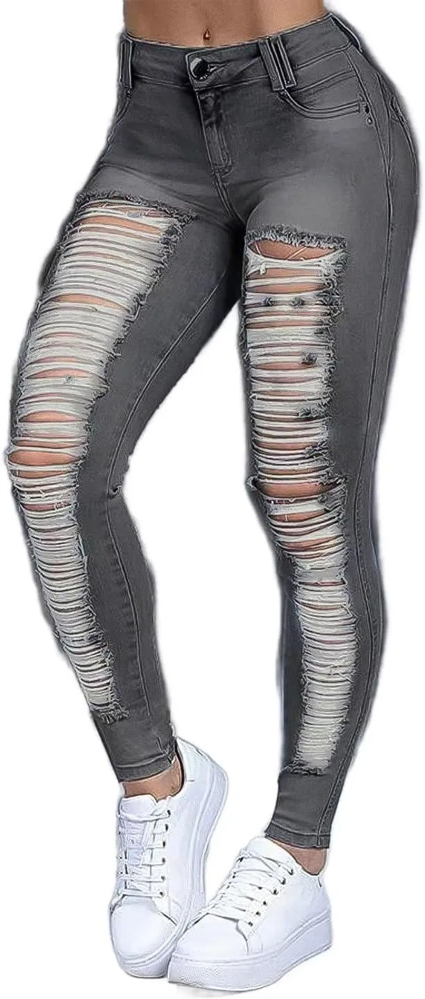 Flamingals Mid Rise Skinny Jeans for Women Trendy Stretchy Ripped Butt Lifting Jeans Distressed Sexy Denim Jeggings