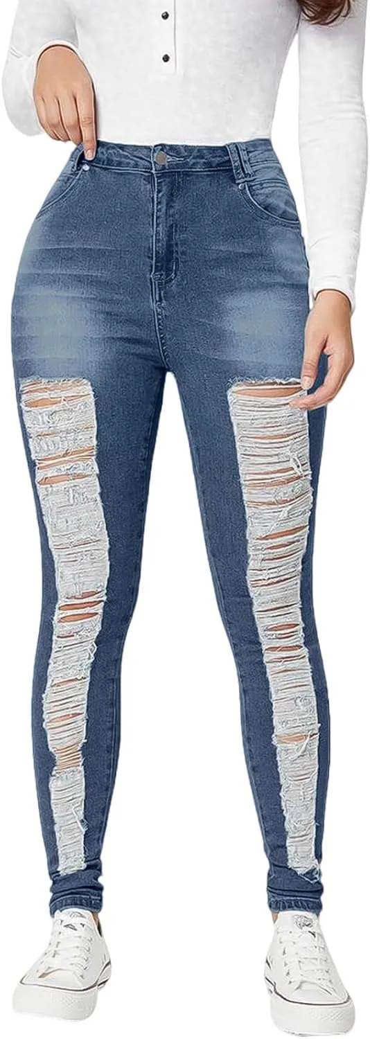 Flamingals Mid Rise Skinny Jeans for Women Trendy Stretchy Ripped Butt Lifting Jeans Distressed Sexy Denim Jeggings