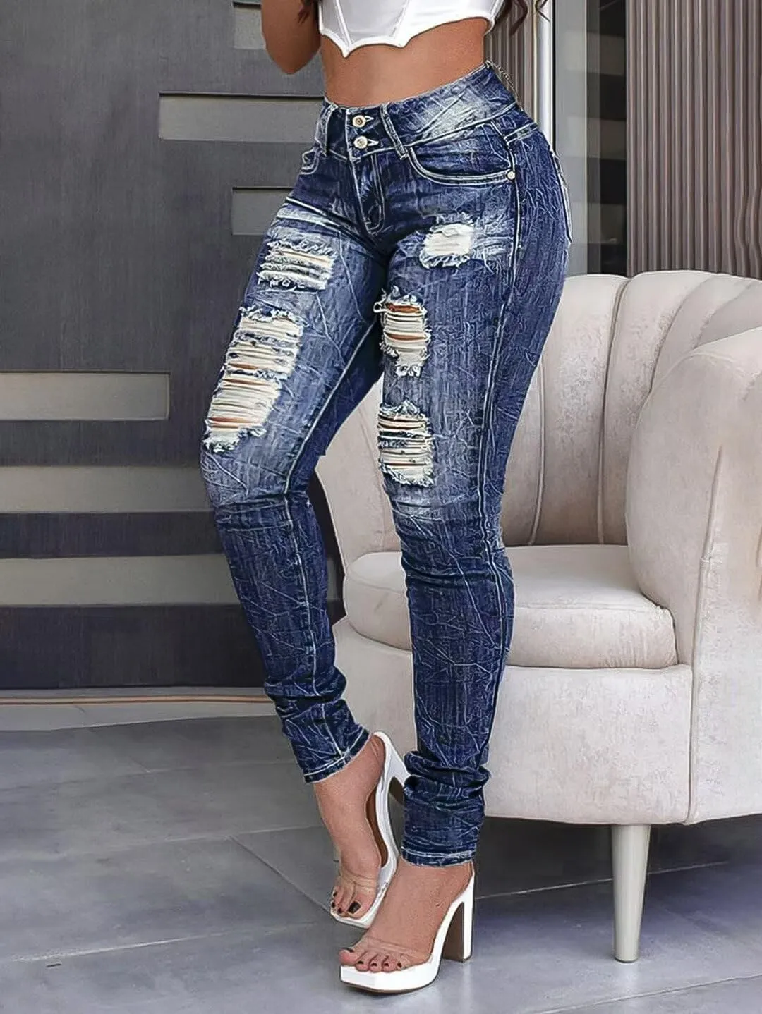 Flamingals Mid Rise Skinny Jeans for Women Trendy Stretchy Ripped Butt Lifting Jeans Distressed Sexy Denim Jeggings
