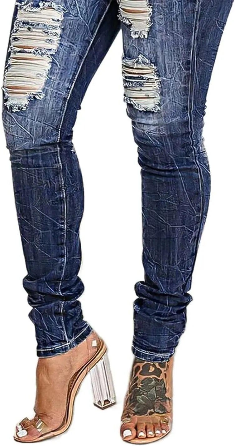Flamingals Mid Rise Skinny Jeans for Women Trendy Stretchy Ripped Butt Lifting Jeans Distressed Sexy Denim Jeggings