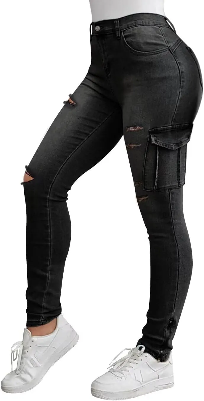 Flamingals Ripped Jeans for Women Stretch Casual High Waisted Skinny Flap Pocket Shaping Jeans Black XL