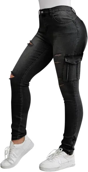 Flamingals Ripped Jeans for Women Stretch Casual High Waisted Skinny Flap Pocket Shaping Jeans Black XL