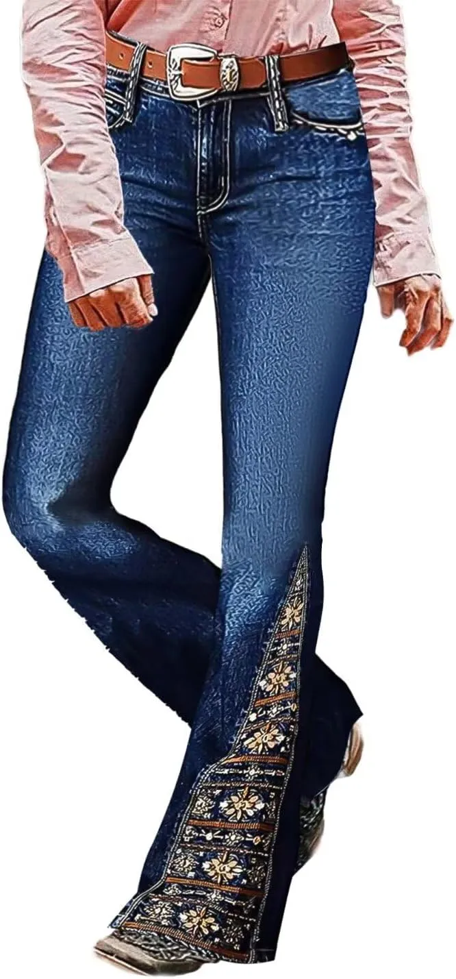 Flamingals Women's Floral Embroidery Mid Waist High Stretch Bootcut Jeans with Pockets
