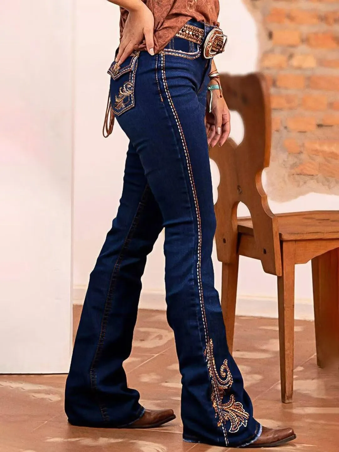 Flamingals Women's Floral Embroidery Mid Waist High Stretch Bootcut Jeans with Pockets