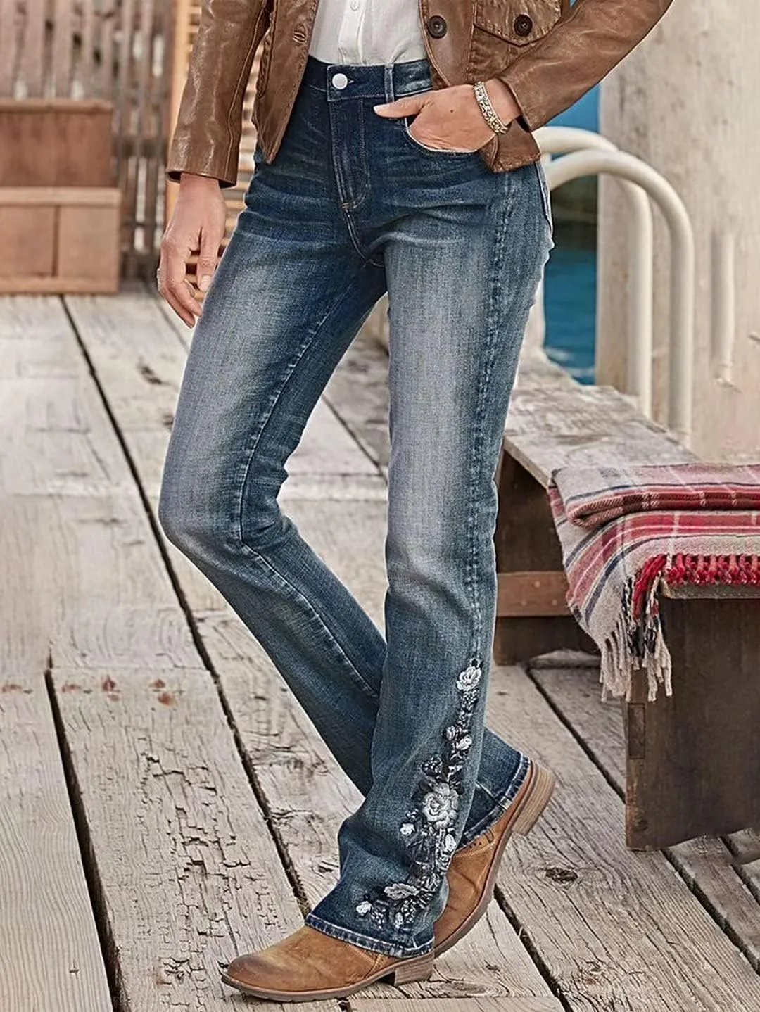 Flamingals Women's Floral Embroidery Mid Waist High Stretch Bootcut Jeans with Pockets