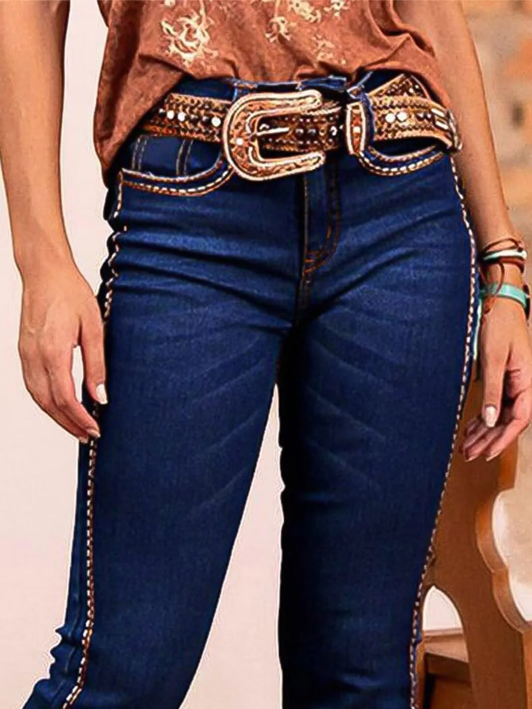 Flamingals Women's Floral Embroidery Mid Waist High Stretch Bootcut Jeans with Pockets
