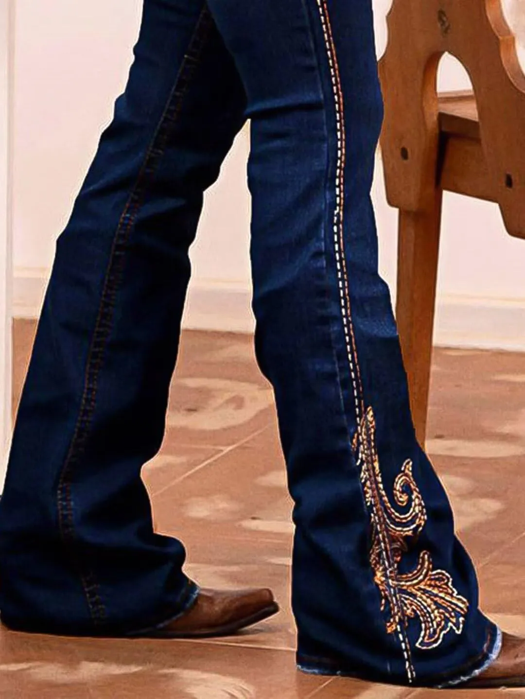 Flamingals Women's Floral Embroidery Mid Waist High Stretch Bootcut Jeans with Pockets