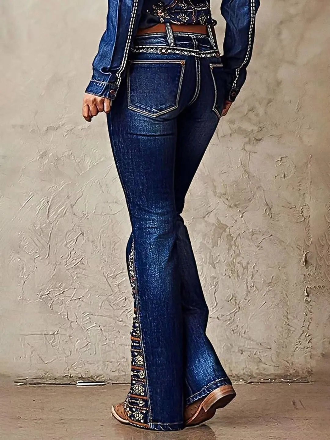 Flamingals Women's Floral Embroidery Mid Waist High Stretch Bootcut Jeans with Pockets