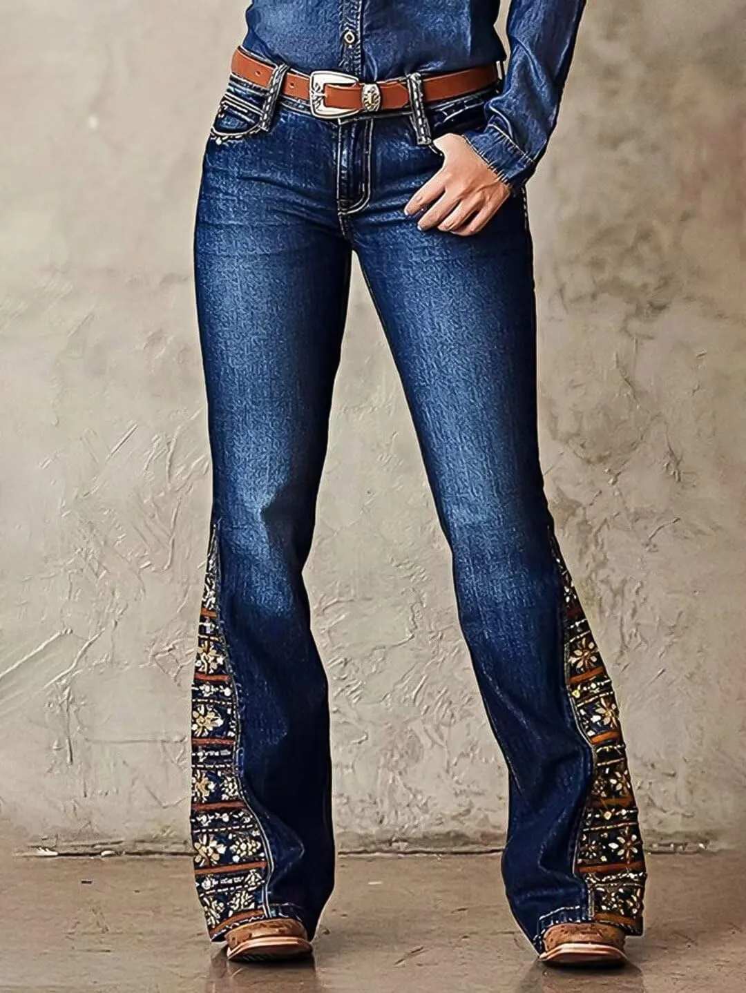 Flamingals Women's Floral Embroidery Mid Waist High Stretch Bootcut Jeans with Pockets
