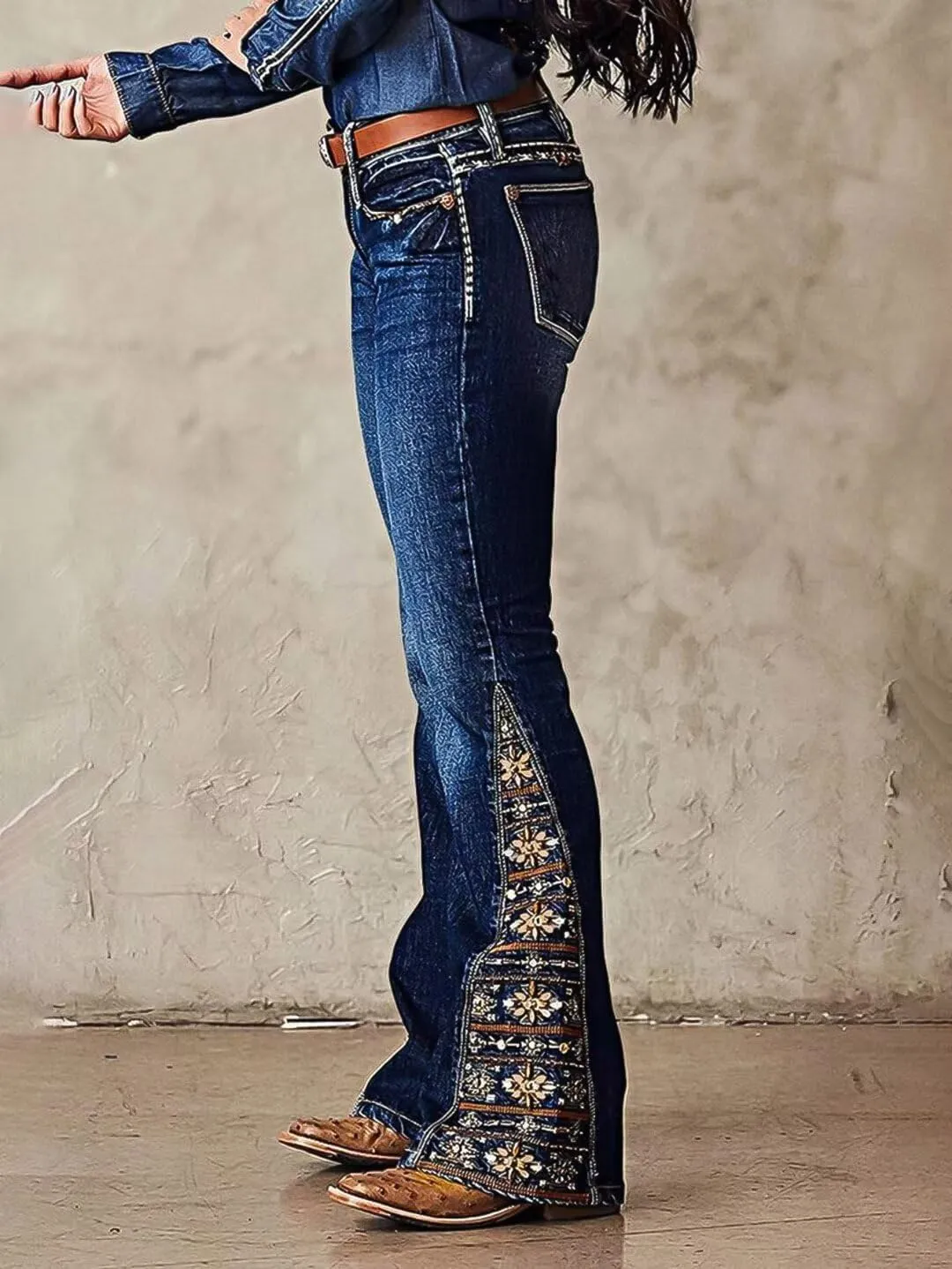 Flamingals Women's Floral Embroidery Mid Waist High Stretch Bootcut Jeans with Pockets