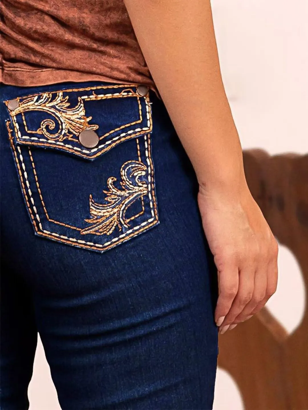 Flamingals Women's Floral Embroidery Mid Waist High Stretch Bootcut Jeans with Pockets