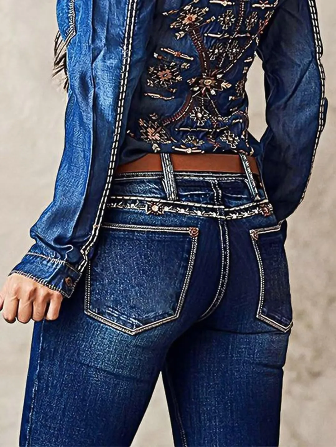 Flamingals Women's Floral Embroidery Mid Waist High Stretch Bootcut Jeans with Pockets