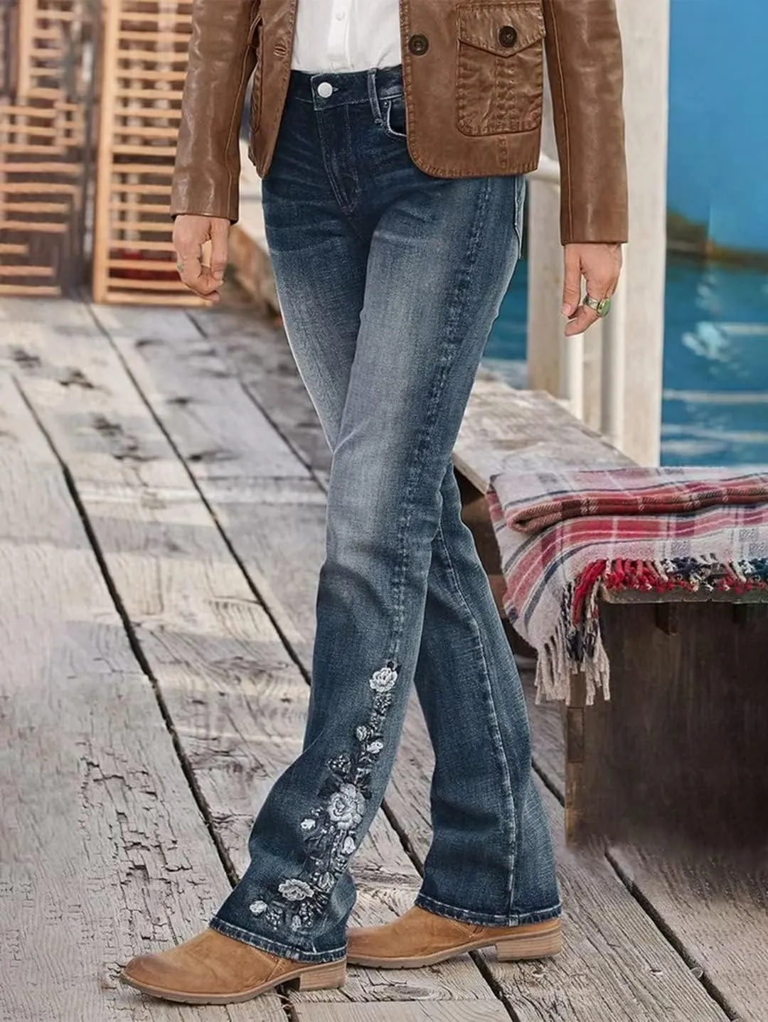 Flamingals Women's Floral Embroidery Mid Waist High Stretch Bootcut Jeans with Pockets