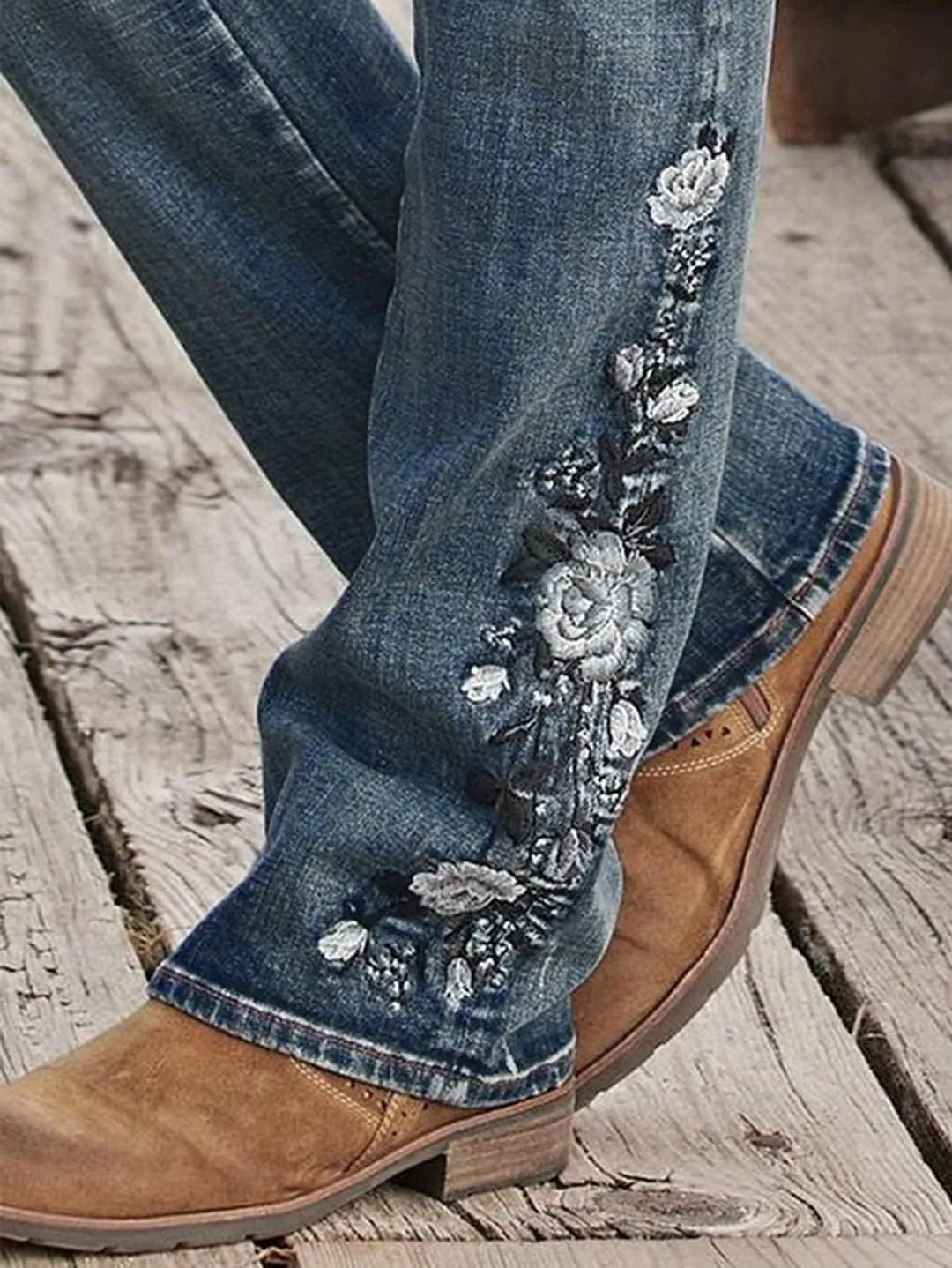 Flamingals Women's Floral Embroidery Mid Waist High Stretch Bootcut Jeans with Pockets