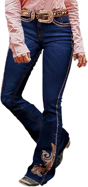 Flamingals Women's Floral Embroidery Mid Waist High Stretch Bootcut Jeans with Pockets