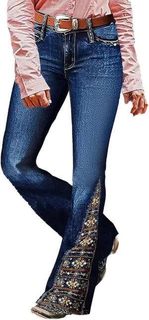 Flamingals Women's Floral Embroidery Mid Waist High Stretch Bootcut Jeans with Pockets