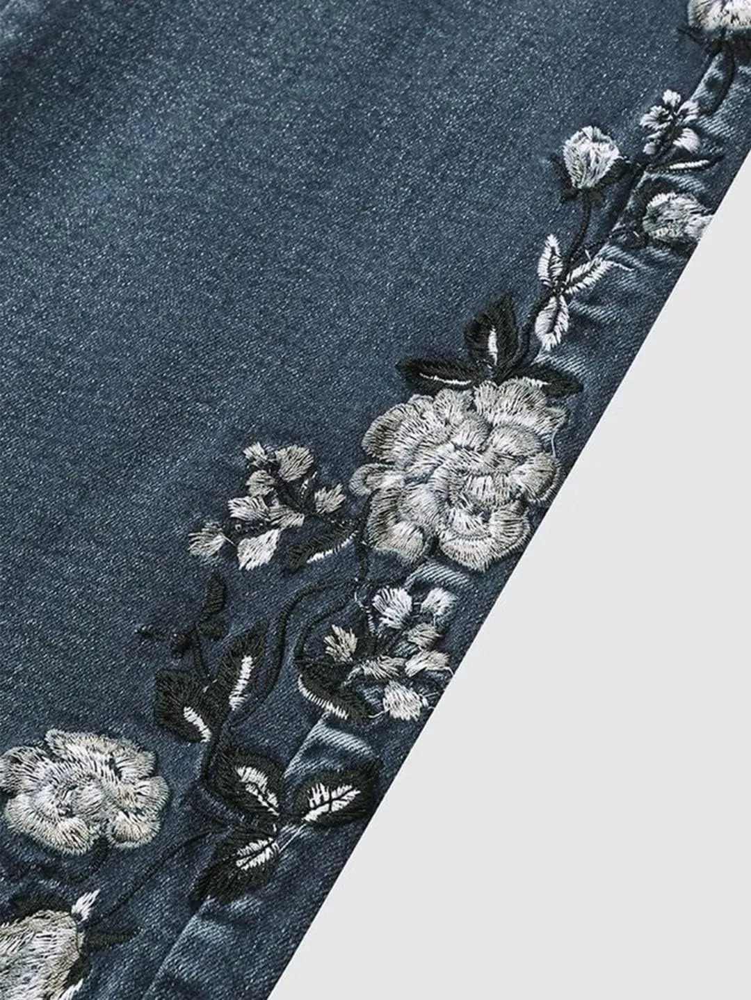 Flamingals Women's Floral Embroidery Mid Waist High Stretch Bootcut Jeans with Pockets