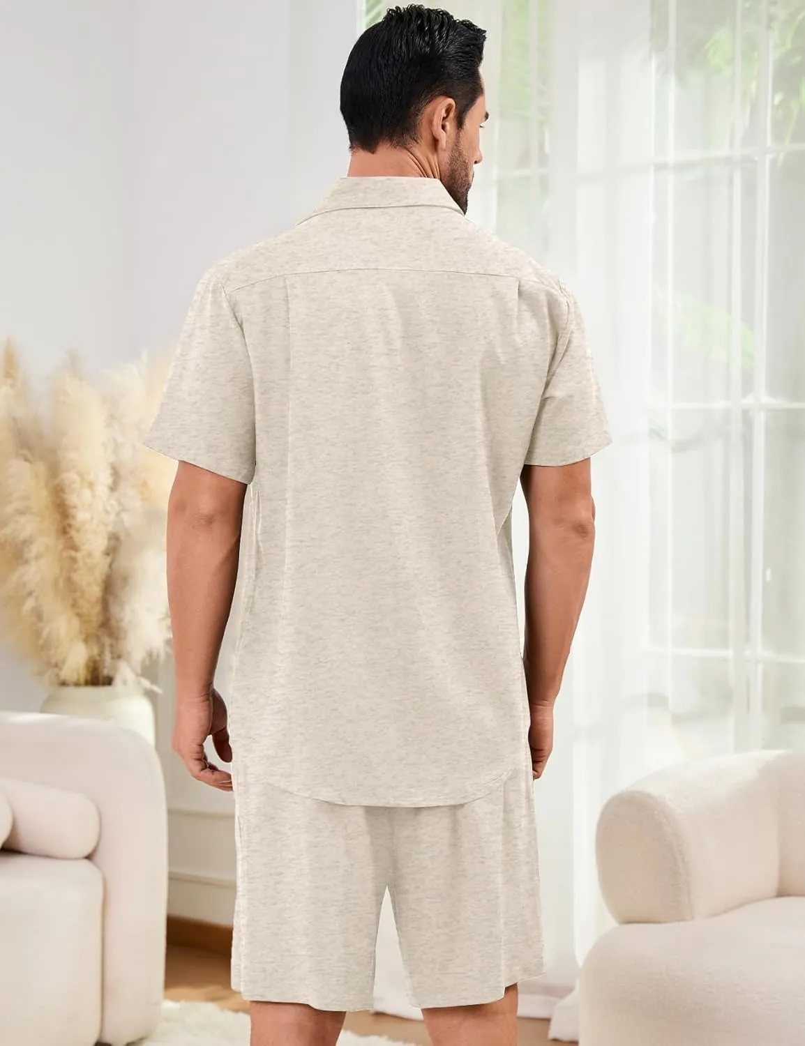 Flygo Men Cotton Linen Sets Outfits 2 Piece Summer Short Sleeve Shirt and Shorts Set Beach Wear Vacation Outfit