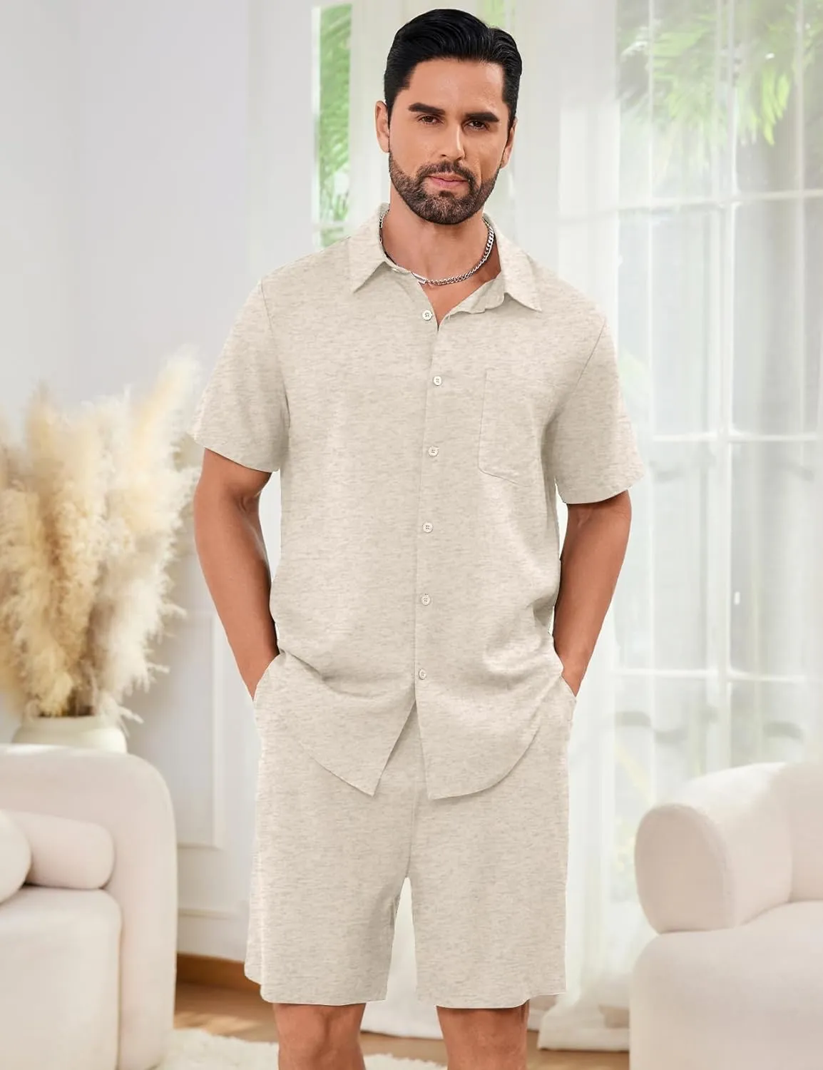 Flygo Men Cotton Linen Sets Outfits 2 Piece Summer Short Sleeve Shirt and Shorts Set Beach Wear Vacation Outfit