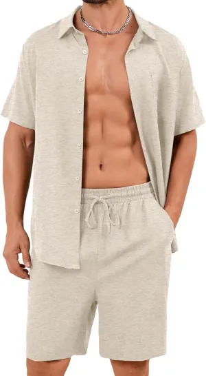 Flygo Men Cotton Linen Sets Outfits 2 Piece Summer Short Sleeve Shirt and Shorts Set Beach Wear Vacation Outfit