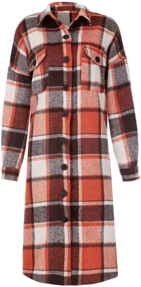 FMCHICO Casual Long Plaid Shirts Shacket Jacket Button Down Long Sleeve Shirts Trench Coats for Women