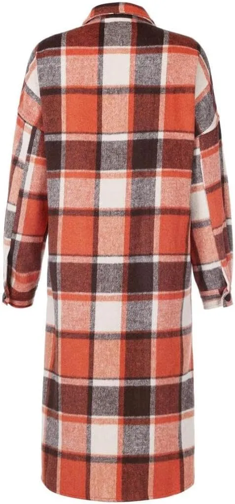 FMCHICO Casual Long Plaid Shirts Shacket Jacket Button Down Long Sleeve Shirts Trench Coats for Women