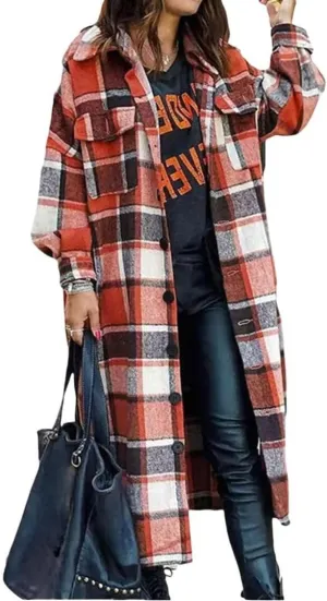FMCHICO Casual Long Plaid Shirts Shacket Jacket Button Down Long Sleeve Shirts Trench Coats for Women