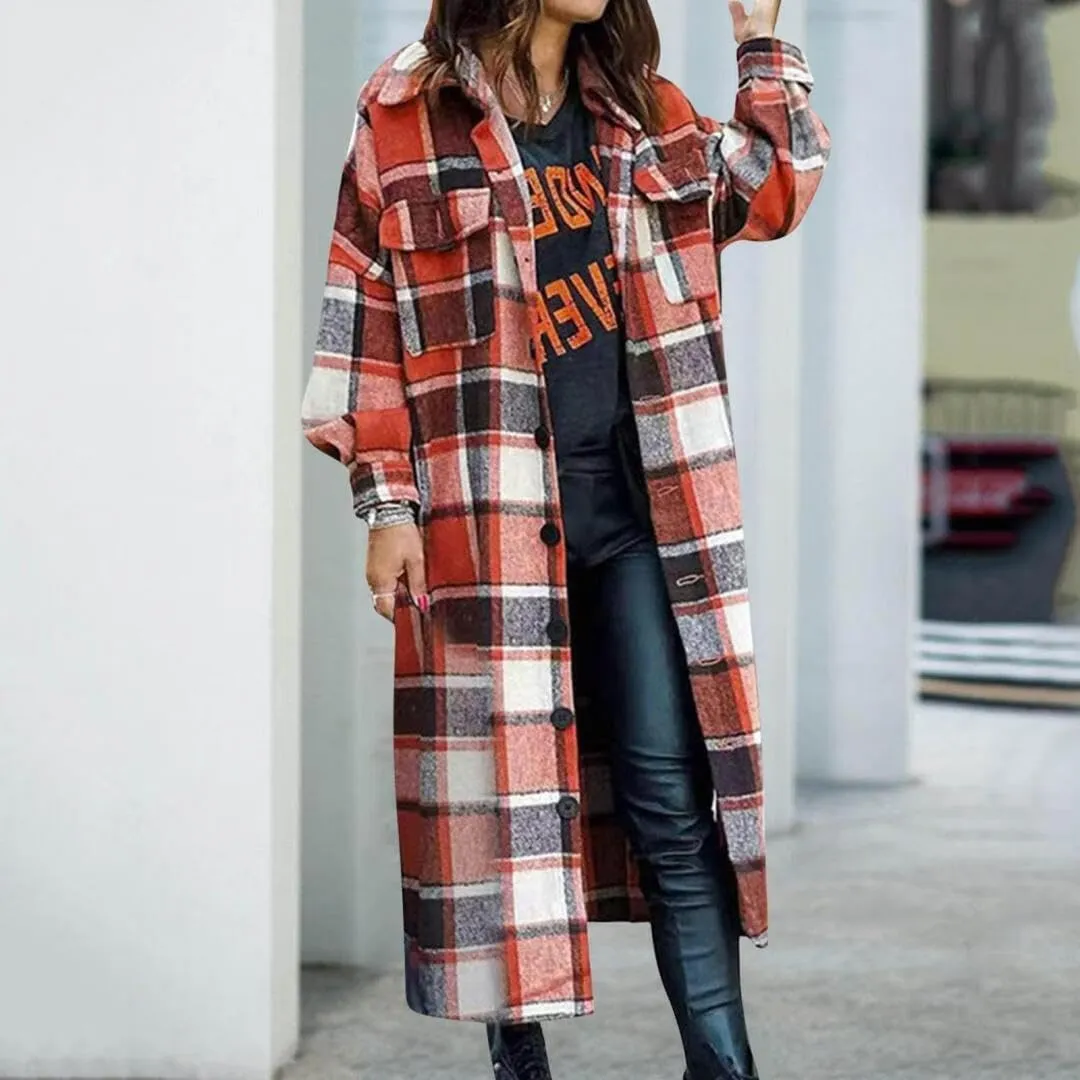 FMCHICO Casual Long Plaid Shirts Shacket Jacket Button Down Long Sleeve Shirts Trench Coats for Women
