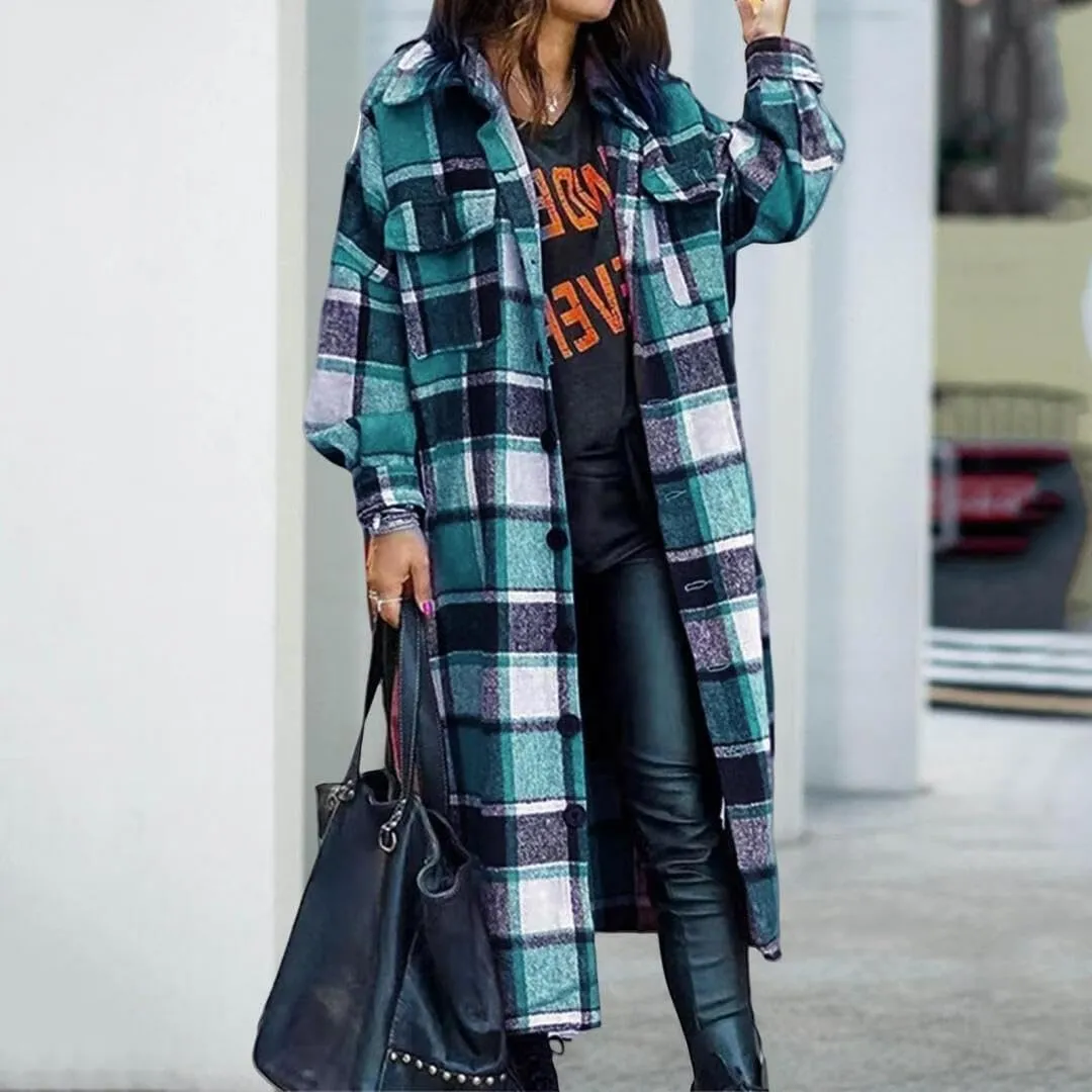 FMCHICO Casual Long Plaid Shirts Shacket Jacket Button Down Long Sleeve Shirts Trench Coats for Women